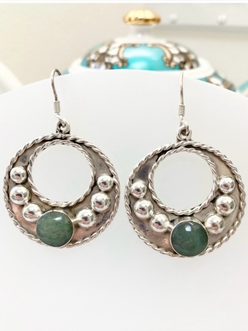 Vintage Signed Taxco Mexico TA-84 Sterling Silver & Green Gemstone Earrings